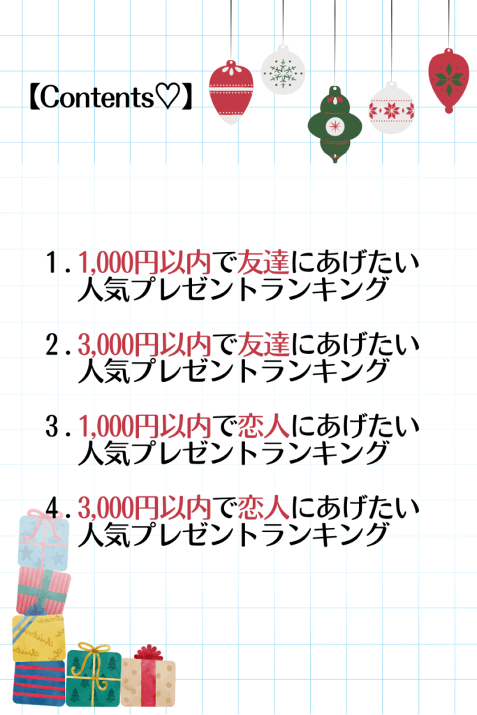 【Contents♡】
1. 1,000円以内で友達にあげたい
人気プレゼントランキング
2. 3,000円以内で友達にあげたい
人気プレゼントランキング
3. 1,000円以内で恋人にあげたい
人気プレゼントランキング
4. 3,000円以内で恋人にあげたい
人気プレゼントランキング