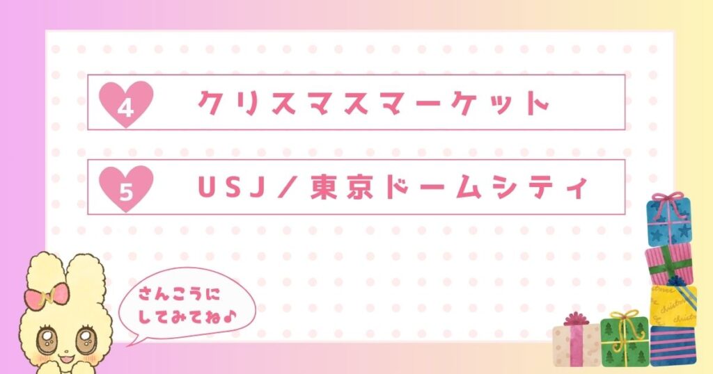1位 イルミネーション
2位 ディズニーリゾート/ディズニーランド/冬ディズニー
3位 よみうりランド
4位 クリスマスマーケット
5位 USJ/東京ドームシティ/その他遊園地
