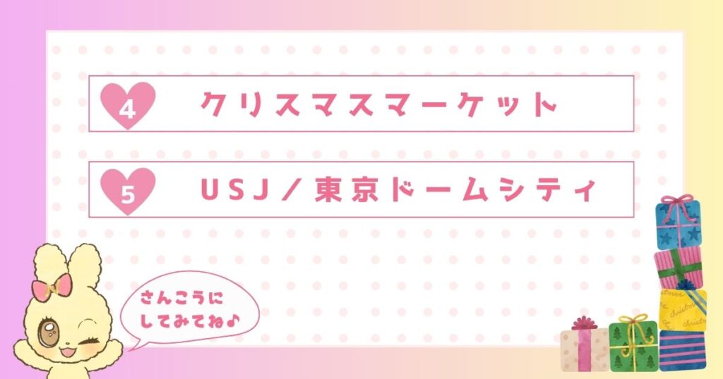 1位 イルミネーション
2位 ディズニーリゾート/ディズニーランド/冬ディズニー
3位 よみうりランド
4位 クリスマスマーケット
5位 USJ/東京ドームシティ/その他遊園地